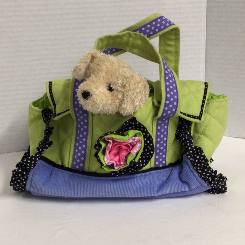 Sassy Pet Saks by Douglas Green Black  Polk a Dot Flower bag Cream Dog Plush